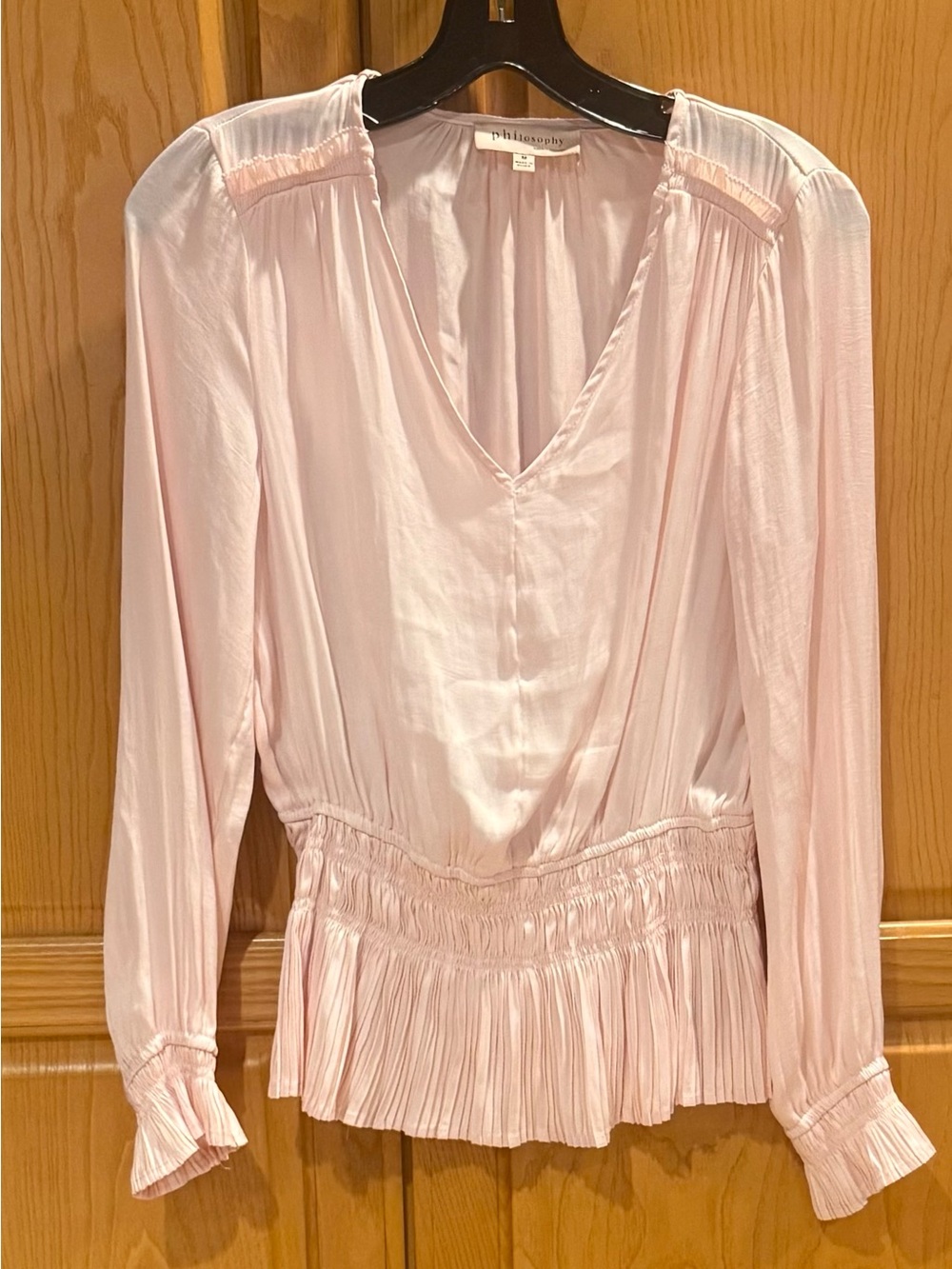Philosophy Light Pink V-Neck Long Sleeve Blouse Pleated Hem and Sleeves Size M